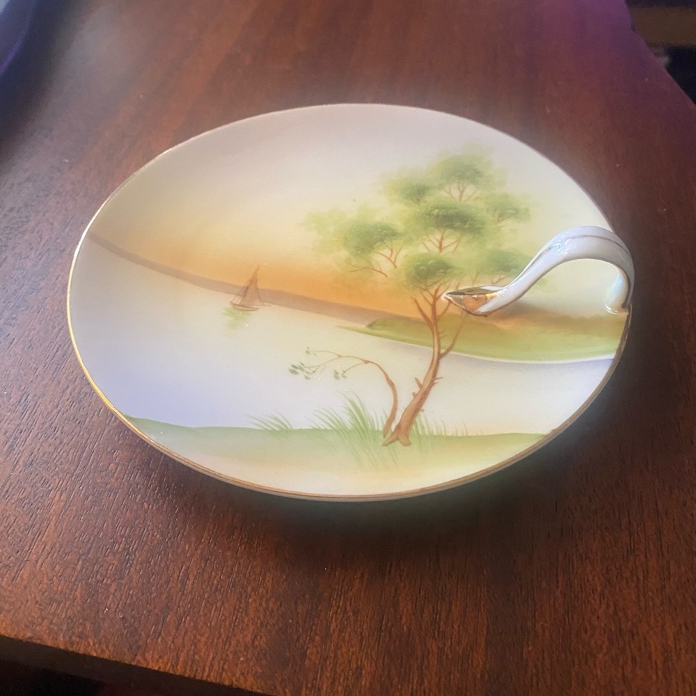 Vintage hand painted Nippon porcelain snack plate with handle and trim